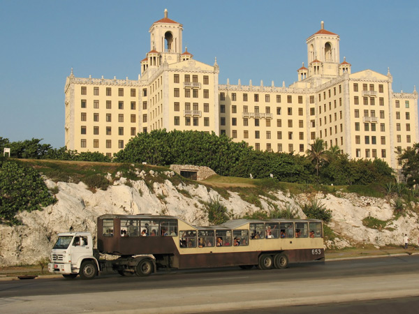 “Camel” buses like this one carry many more people than conventional buses. Also horses, such as those (below) outside the capital building in Havana, have been put back into service as a common means of transportation in Cuba.