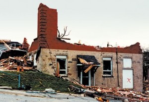 The 1985 tornado destroyed 66 buildings in Grand Valley, including the library shown here. The seven people in the library at the time survived. Photo by Les Canivet.