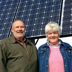 Farmer Morley Brown and retired teacher Phyllis Robinson admired “those idealistic souls who live off the grid.” Now the couple enjoys watching their own meter run backwards. Photo Bryan Davies
