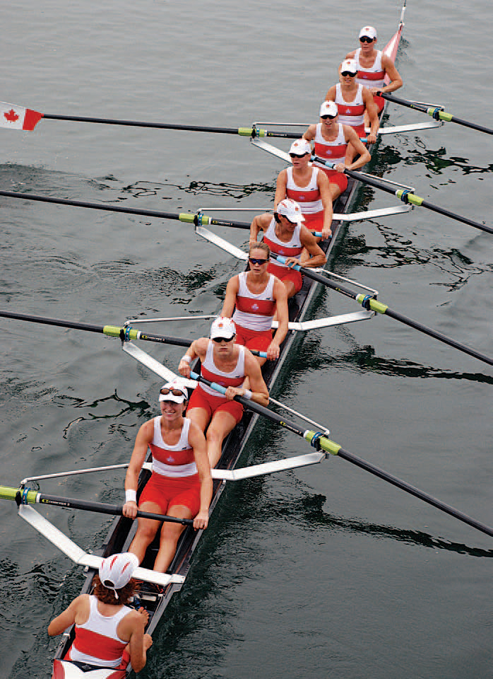Sarah Bonikowsky, third from top, and the women's eight rowing team prepare for competition in Beijing.