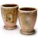 Shot cups, porcelain, Shino & copper glazes, ash runs, wood fired, 2.75"