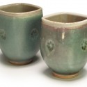 Square tea bowls, stoneware, Shino & oribe glazes, wood fired, 4.5"