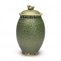 Tri-knob lidded jar, porcelain, lizard glaze, 8.5"