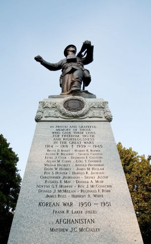 The cenotaph in Alexandra Park in Orangeville was unveiled in a ceremony on November 12, 1923. The names engraved on the monument now include all those from Dufferin County who never returned from the great wars of the last century. The list includes Donald McMillan, son of the Welsh family’s friend Armour McMillan. The most recent name to be added is that of Matthew McCully who died in 2007 in Afghanistan. Remembrance celebrations continue to take place at the cenotaph each November 11. Photo by Rosemary Hasner / Black Dog Creative Arts.