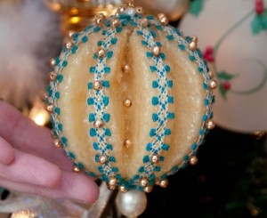Purchased in the late ’60s at the Florentine Shoppe in Yorkville, this Styrofoam ball was carved, decorated with braid, pearls and beads, then lacquered. Photo by Pete Paterson.