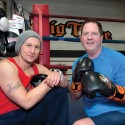 Trainer Tony Fenech has been putting Orangeville mayor Rob Adams through his paces for about four years, usually in the gym at Big Tyme Fitness and Boxing, but sometimes for variety on the playground equipment of a local school. Photo by Rosemary Hasner / Black Dog Creative Arts.