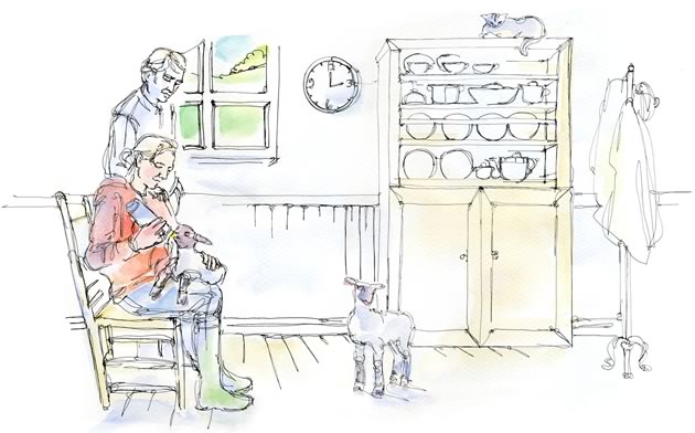 “Don’t scoff at Archie,” said Heath. “Looking after babies, even baby rabbits, is one of the best fertility treatments you can take.” Illustration by Shelagh Armstrong.