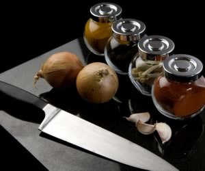 Knives, onion, galric and spices