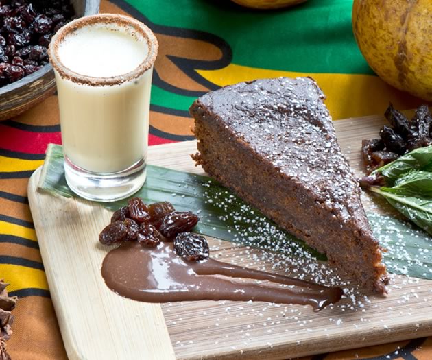 At Soulyve, the cake is served with a chocolate-Scotch bonnet sauce and toasted-nutmeg crème Anglaise. Photo by Pete Paterson.