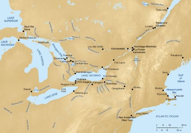 A map of Great Lakes country in the 1500 and 1600s, from The Once and Future Great Lakes Country. Click to see larger version.