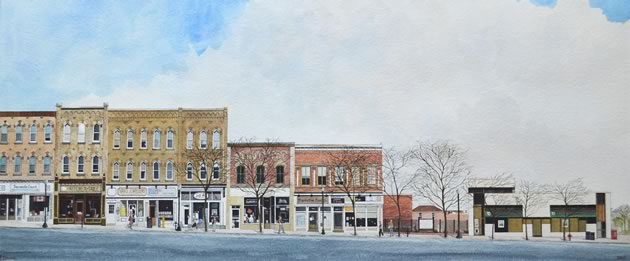 This Broadway streetscape was painted by Orangeville artist Alex Lennox. A few storefronts have been updated for this publication. The original triptych measures 8½ feet long and 16 inches high, and took the artist 450 hours to complete. It is currently exhibited for sale at Dragonfly Arts on Broadway.