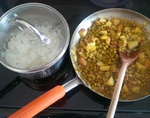 A veggie curry using one potato, half an onion, canned peas, curry powder, garlic, and one tbsp. oil (oil and curry powder being two of my pantry items). I put this over some rice. It was pretty tasty.