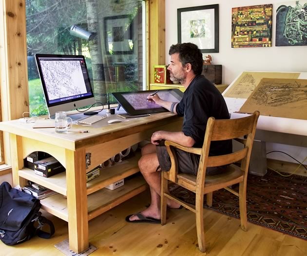 Steve McDonald in his studio on the banks of the Noisy River near Dunedin. “When this is all over, I’ll have 300 drawings all over the world – people colouring, having fun, finding joy. That’s more gratifying than I ever imagined.” Photo by Jason Van Bruggen. 