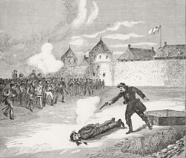 Ontario’s indignation was fired by this woodcut, “The Tragedy at Fort Garry, March 4, 1870,” an artist’s conception of the Scott execution at Fort Garry. The anger was made even worse by rumours that Scott was buried alive and was heard screaming in the coffin at his burial. Library and Archives Canada, C-048776