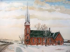Claude Presbyterian Church in Caledon, by painter Z.R. Mech.