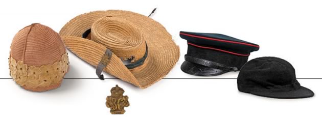 The cloche, militia hat, military peaked cap and Olive’s baseball cap. Inset : In time, all units in the 36th Peel Battalion proudly wore this badge on their (issued) hats.