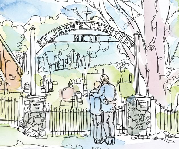 My brother’s ashes will be buried this summer in a tiny, pastoral cemetery on the 7th Line of Mono. If you drive by it, you will see two Lee pillars supporting the gate. Illustration by Shelagh Armstrong.
