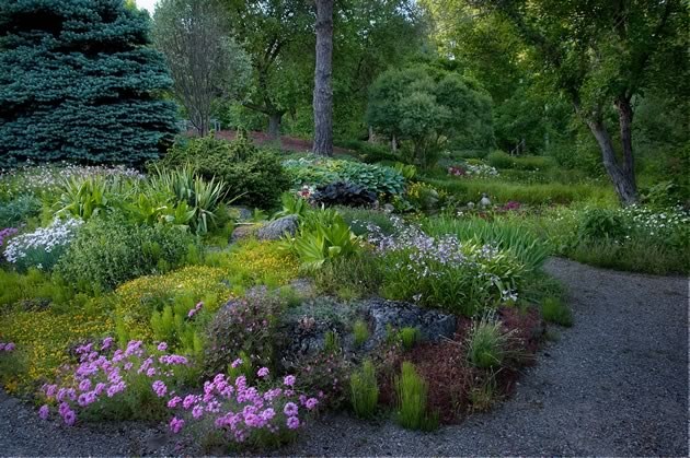 An enchanting spring view of an interconnected series of Liz Knowles’ gardens, including a sand bed in the foreground with its pink Verbena canadensis, yellow dianthus and pale purple penstemon. Hits of white and fuchsia Primula japonica dot the edges of two small ponds. Photo by Rosemary Hasner / Black Dog Creative Arts.