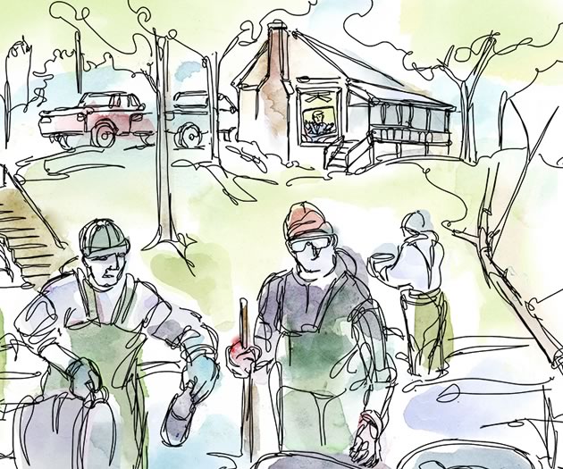 Real change happens when a group of like-minded people get together on a Saturday morning to pull old tires and bedsprings out of a river. Illustration by Shelagh Armstrong.