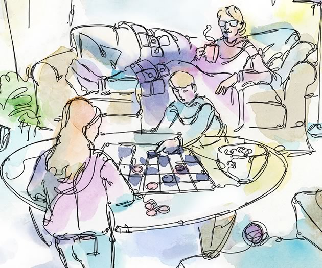 Hygge is the now very cool idea, or movement, of cozying down, at home, with family and friends. Illustration by Shelagh Armstrong.