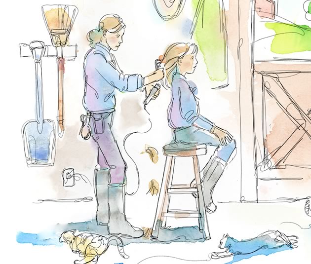 I would sit on top of the stool while my mom combed my hair straight with whatever horse comb or brush was nearby. Illustration by Shelagh Armstrong.