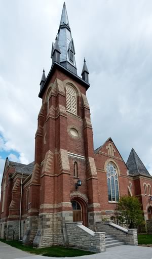 The soaring spire of Westminster United Church draws the eye toward the heavens. Photo by Rosemary Hasner / Black Dog Creative Arts.