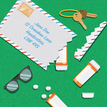 When OxyContin was remade in a crush resistant formula, many pivoted to illicit opioids created in illegal labs and mailed in small packages, even greeting cards. Illustration by Ruth Ann Pearce.
