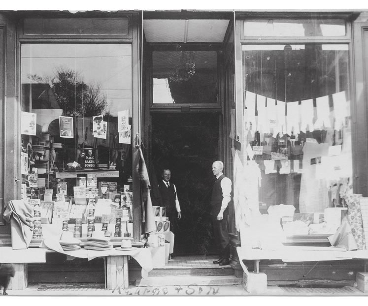 J.W. Kearns’ grandfather Walker Kearns (left) and great uncle Will Kearns at J. Kearns & Son general store at 189 Broadway in Orangeville, c.1919. Courtesy J.W. Kearns.