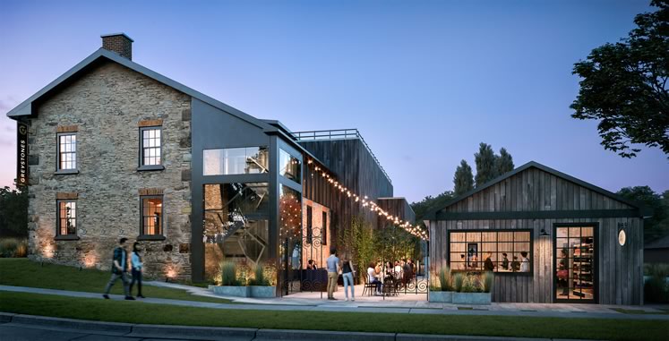 A rendering of the project’s exterior includes the café space to the east of the main building. Photo by Pete Paterson.
