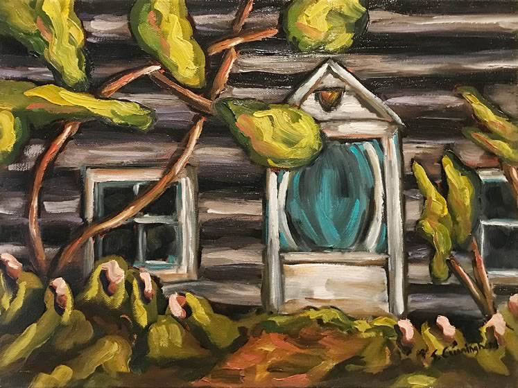 One of six paintings by Everett artist Shelly Cunningham that memorialize the log cabin the couple originally occupied on the property. Photo by Rosemary Hasner / Black Dog Creative Arts.