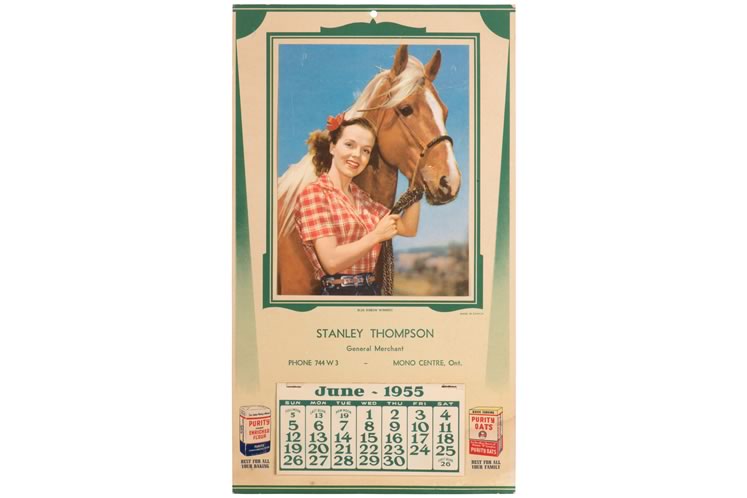 The image of a smiling young woman and a horse – most often a palomino as on this calendar from the Mono Centre general store – was always a reliably pleasing subject. Photo Courtesy Museum of Dufferin Archives.