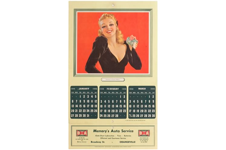 Pinups were rare as giveaways on main street. Anything edgier than this 1946 calendar was typically destined for the back wall of an auto mechanic’s or other establishment frequented mostly by men. Photo Courtesy Museum of Dufferin Archives.