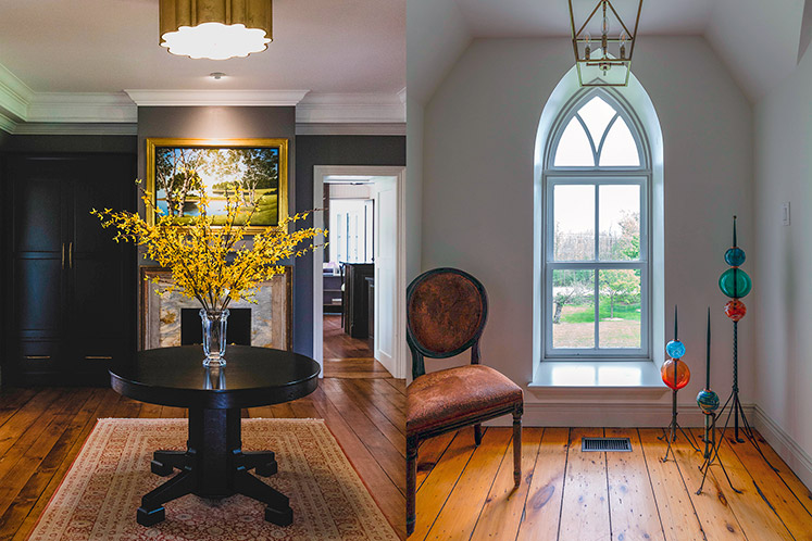 The dining area in the centre of the house serves as a spacious foyer when not in use. A serene spot on the second floor offers a view from the gothic window that sits above the original front door. Photo by Erin Fitzgibbon.