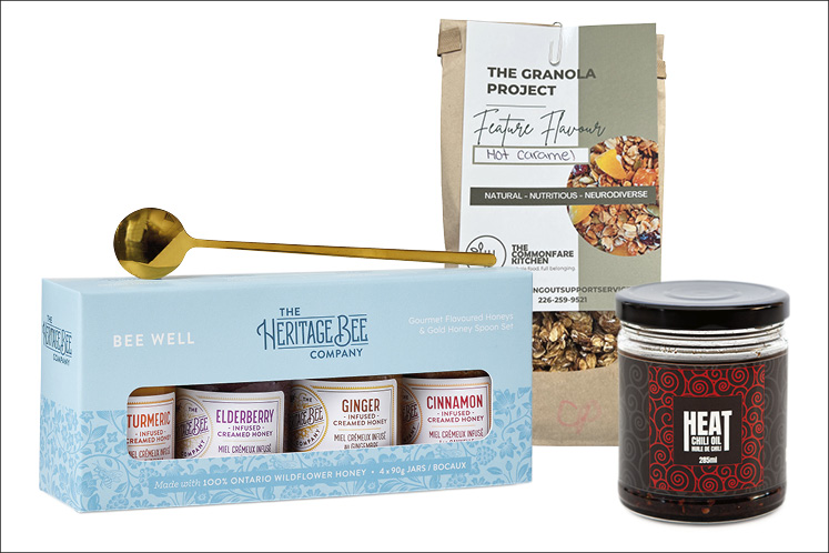 Heritage Bee, The Granola Project, and Heat Chili Oil are some of the locally made gourmet gifts.