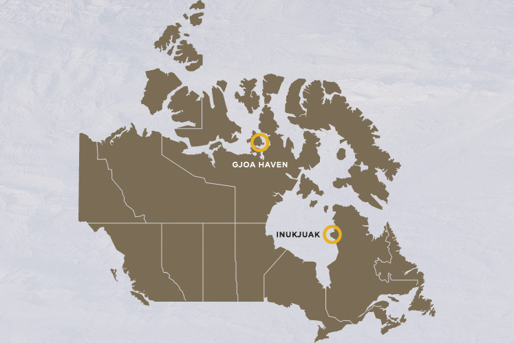 A map showing the location of Inukjuak and Gjoa Haven. 