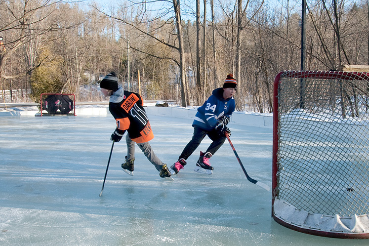 Boys playing hockey on backyard rink in Ontario